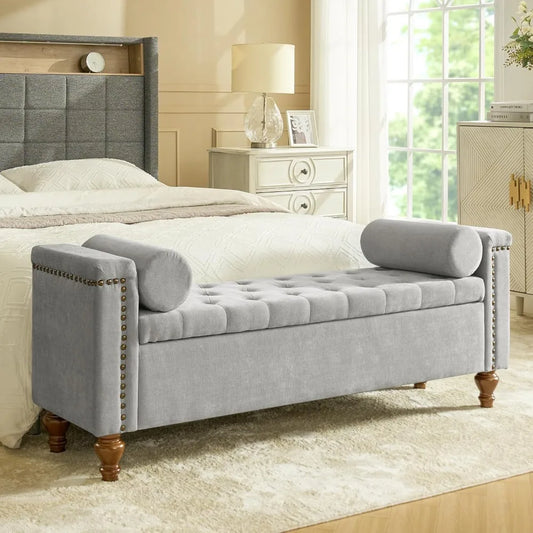 King Size Upholstered Storage Bench with Armrests