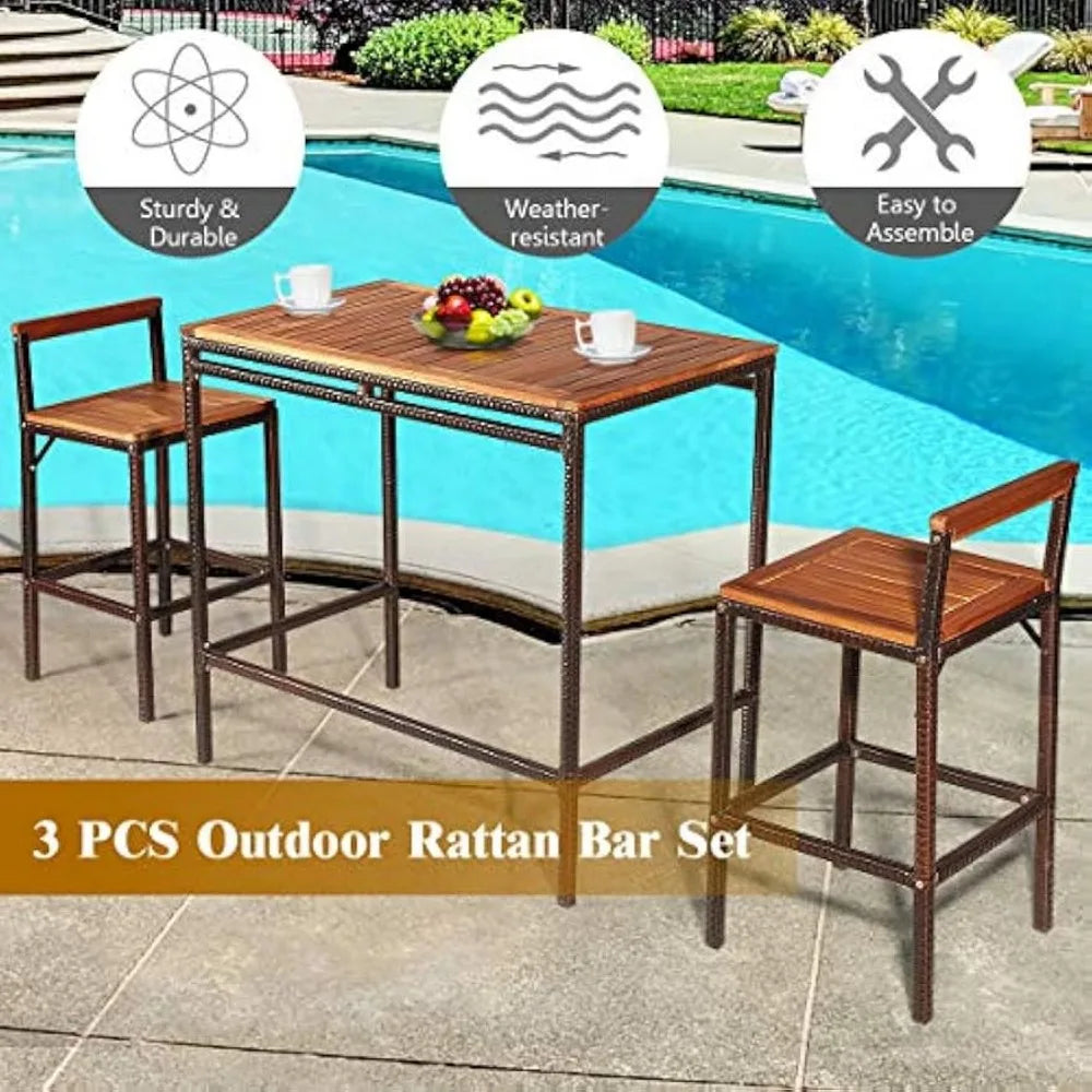 3-Piece Outdoor Rattan Bar Table Set with Chairs