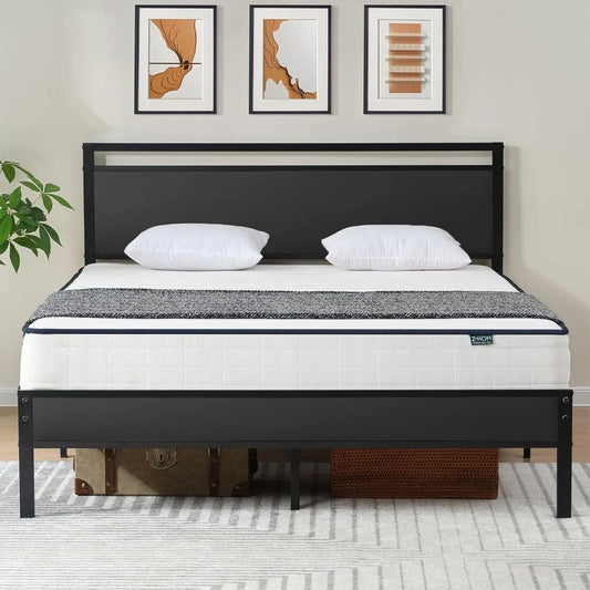 Z-hom King Size Metal Bed Frame with Wood Headboard