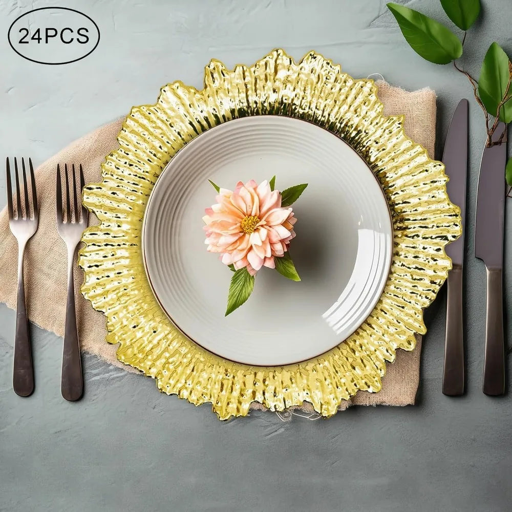 Antique 13" Charger Plates Set of 24 – Floral Embossed Plastic Dinner Plates
