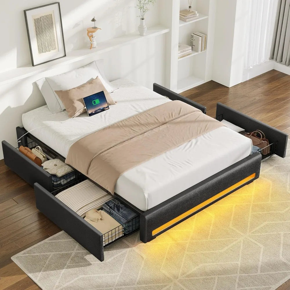 Upholstered Bed Frame with Storage, LED & Charging Station