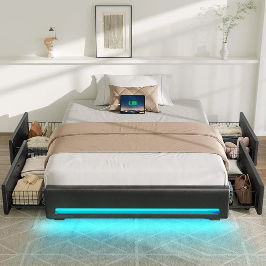 Upholstered Bed Frame with Storage, LED & Charging Station