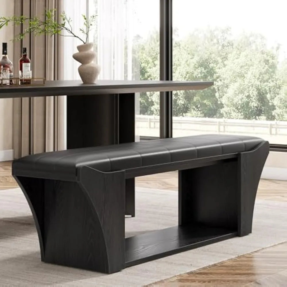 Modern Black Upholstered Dining Bench with Storage