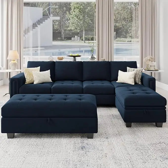 Velvet Convertible Sectional Sofa with Chaise & Ottoman – Blue