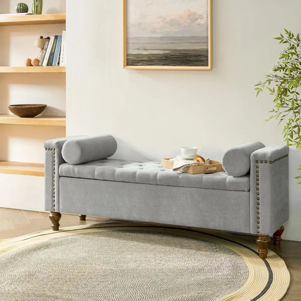 King Size Upholstered Storage Bench with Armrests