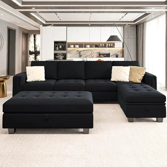 Velvet Convertible Sectional Sofa with Chaise & Ottoman – Blue