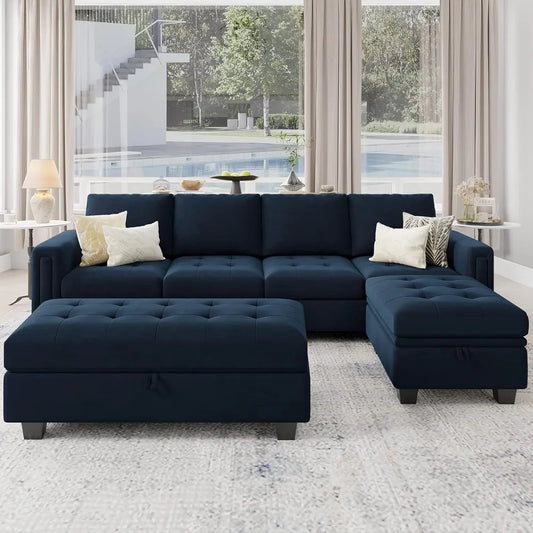 Velvet Convertible Sectional Sofa with Chaise & Ottoman – Blue