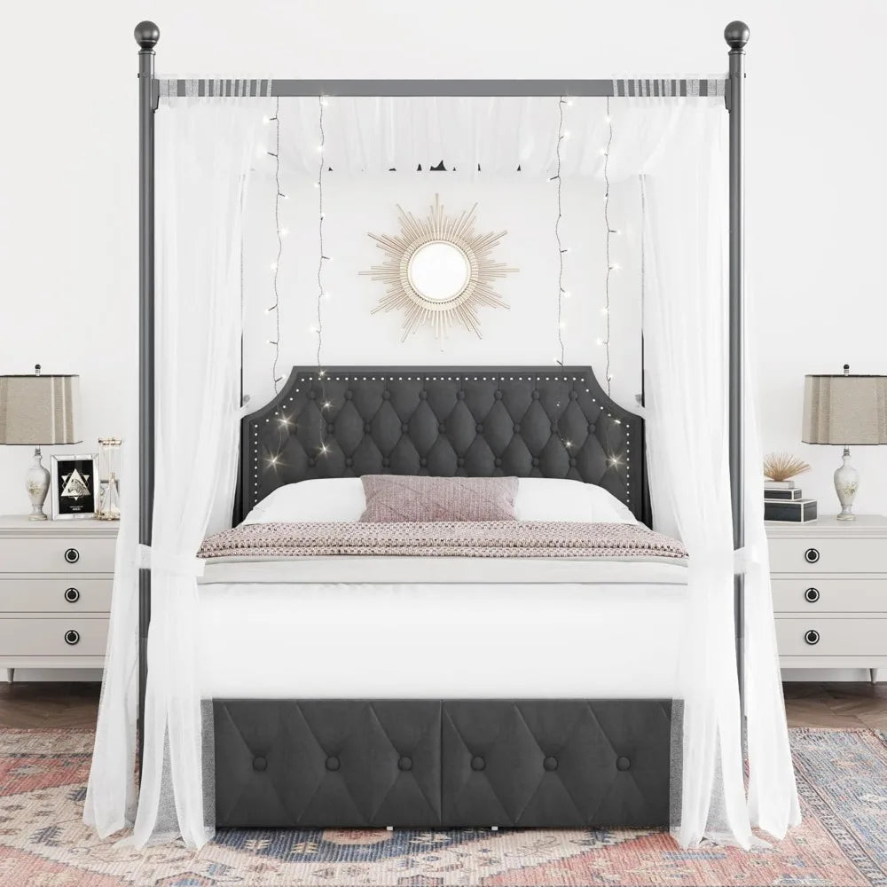 Keyluv Queen Canopy Bed with Drawers & Tufted Headboard