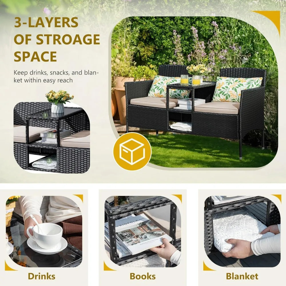 Wicker Patio Loveseat with Built-in Table