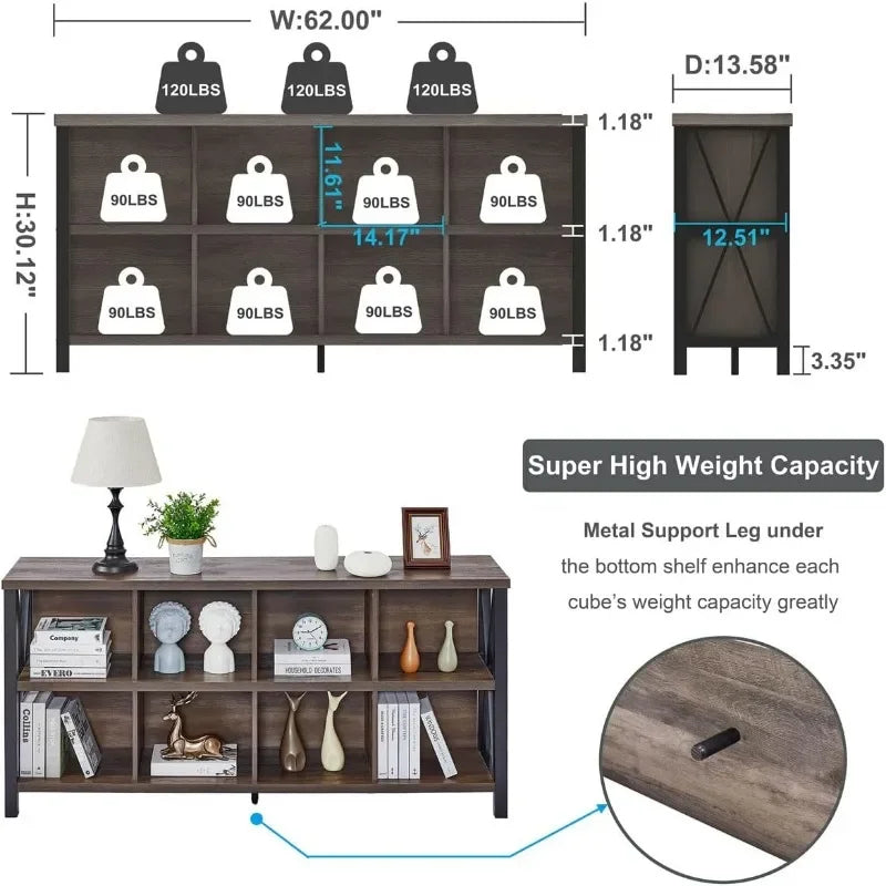 FATORRI 8-Cube Rustic Wood Bookshelf, 62"