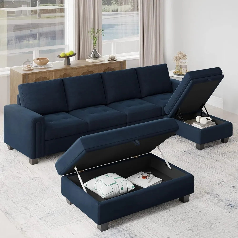 Velvet Convertible Sectional Sofa with Chaise & Ottoman – Blue