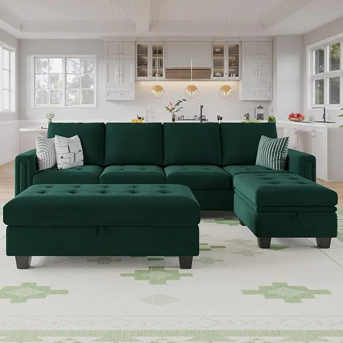 Velvet Convertible Sectional Sofa with Chaise & Ottoman – Blue