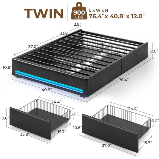 Upholstered Bed Frame with Storage, LED & Charging Station