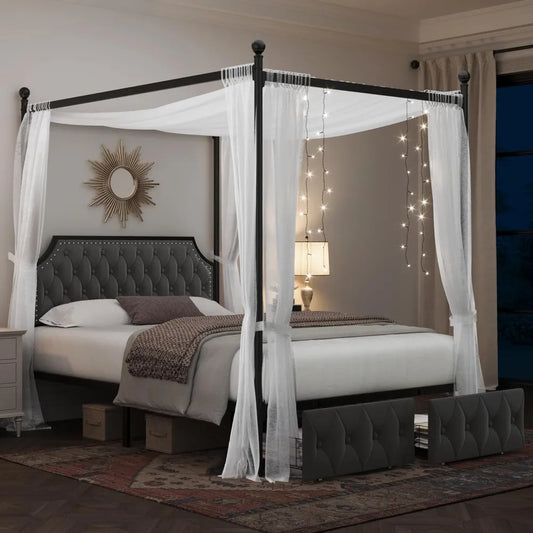 Keyluv Queen Canopy Bed with Drawers & Tufted Headboard