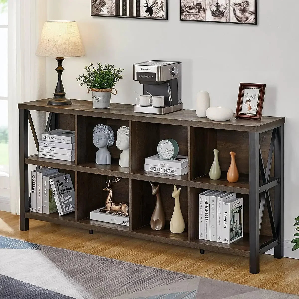 FATORRI 8-Cube Rustic Wood Bookshelf, 62"