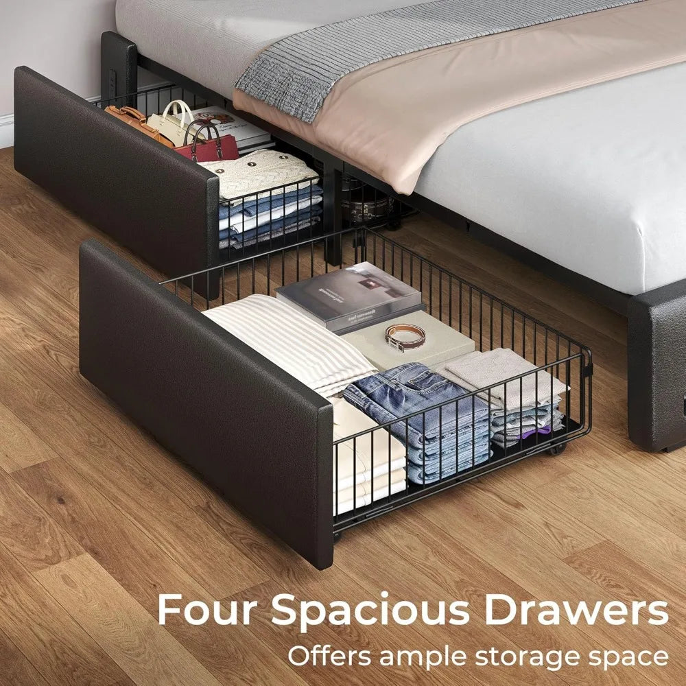 Upholstered Bed Frame with Storage, LED & Charging Station