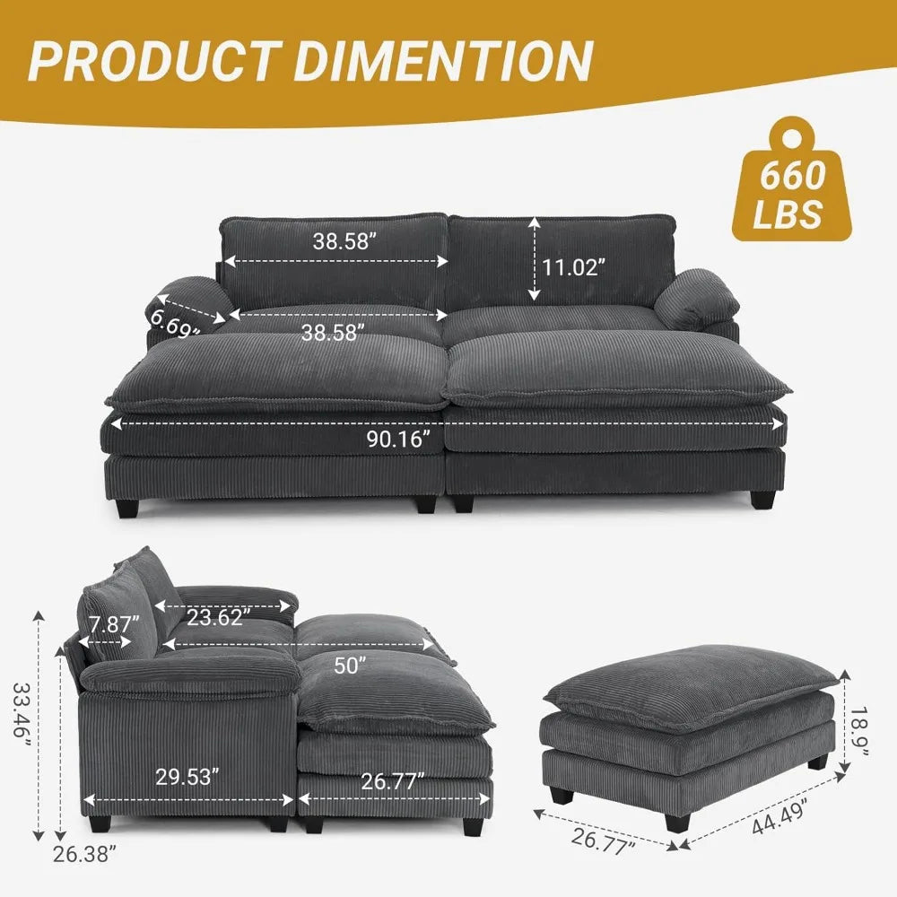 Modern Corduroy Sectional Sofa with Ottoman