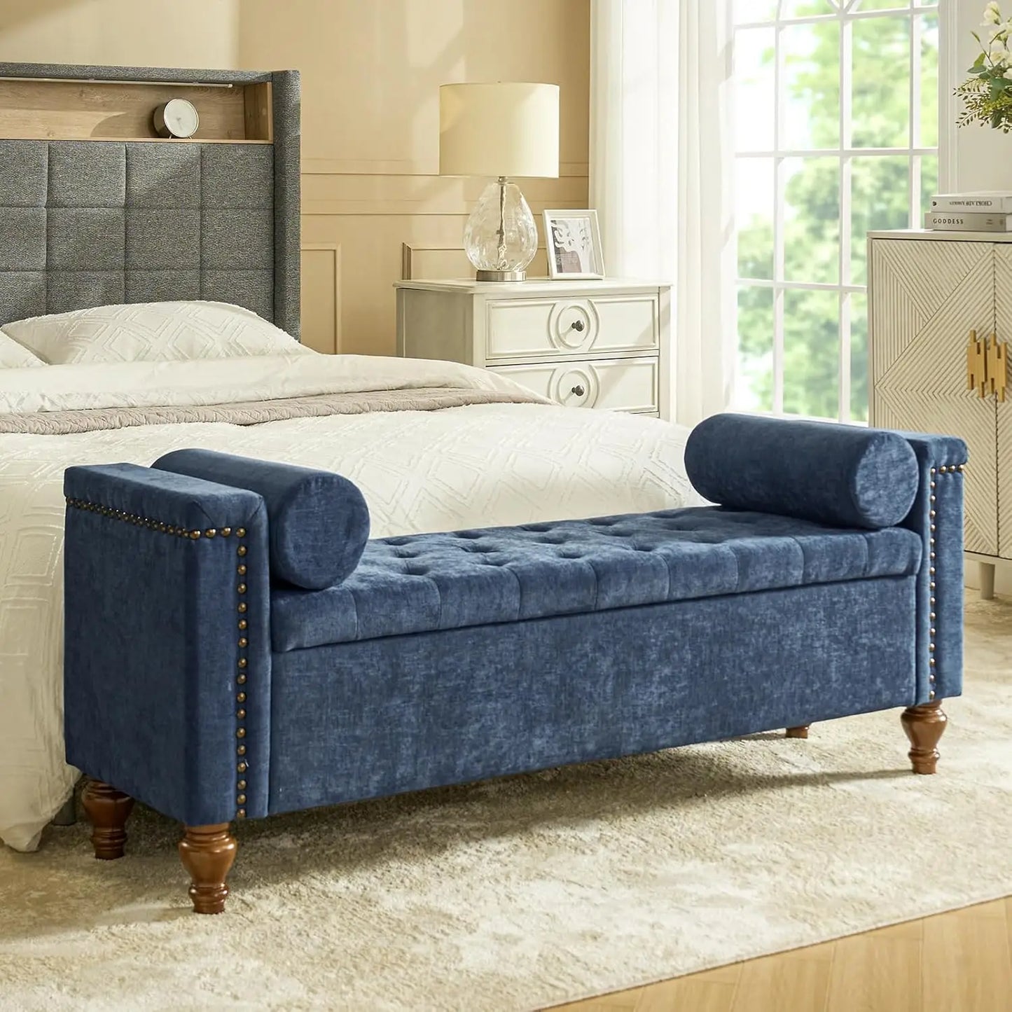 King Size Upholstered Storage Bench with Armrests