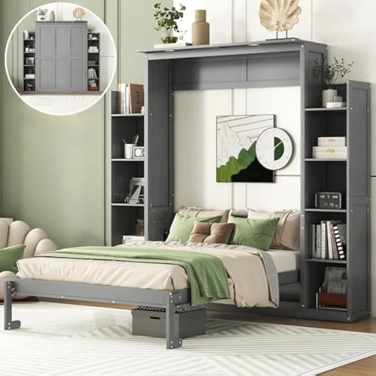 Merax Full Size Gray Murphy Wall Bed with Shelves & LED
