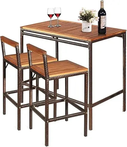 3-Piece Outdoor Rattan Bar Table Set with Chairs