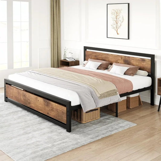 Full Size Metal Bed Frame with Wooden Headboard & Footboard