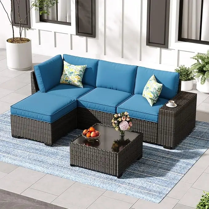 5-Piece Outdoor Wicker Patio Set with Cushions & Glass Table