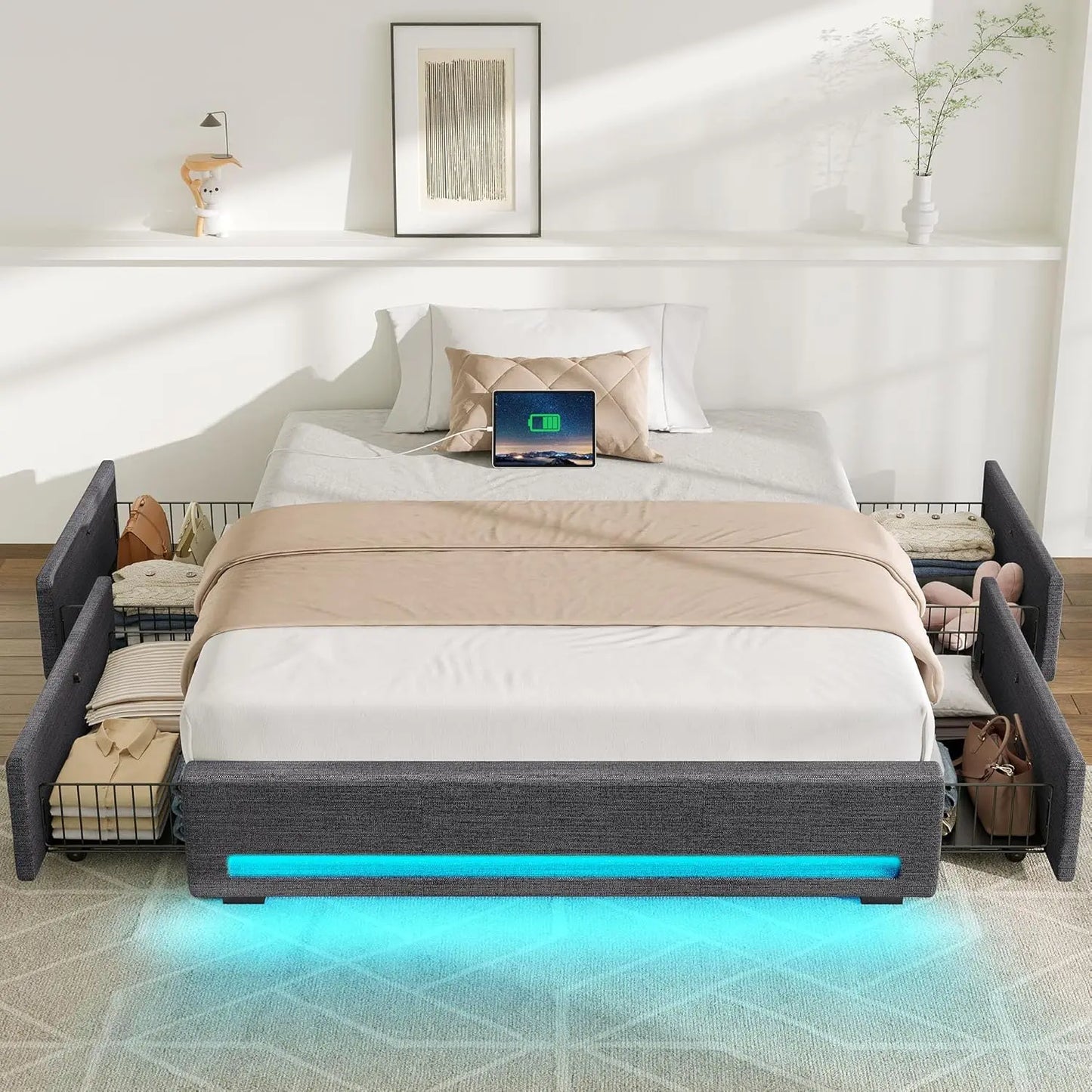 Upholstered Bed Frame with Storage, LED & Charging Station