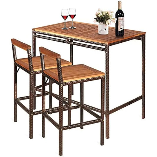 3-Piece Outdoor Rattan Bar Table Set with Chairs