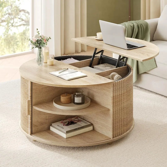 Modern Round Lift-Top Coffee Table with Sliding Door, 34.6"