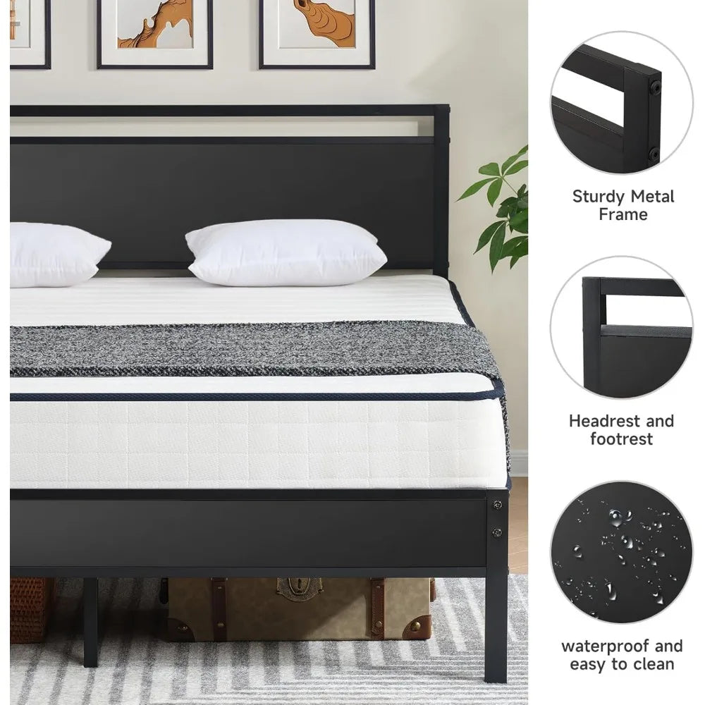 Z-hom King Size Metal Bed Frame with Wood Headboard