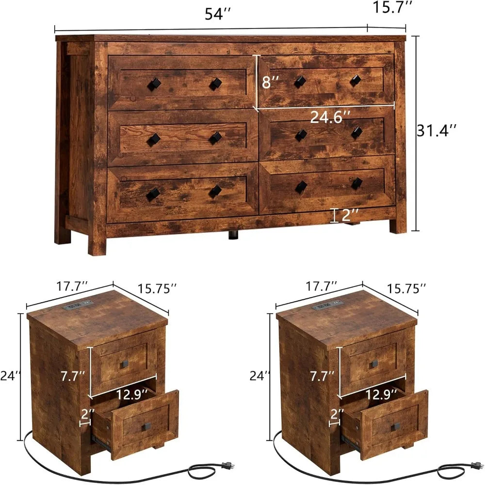 3-Piece Bedroom Dresser & Nightstand Set with Charging Station