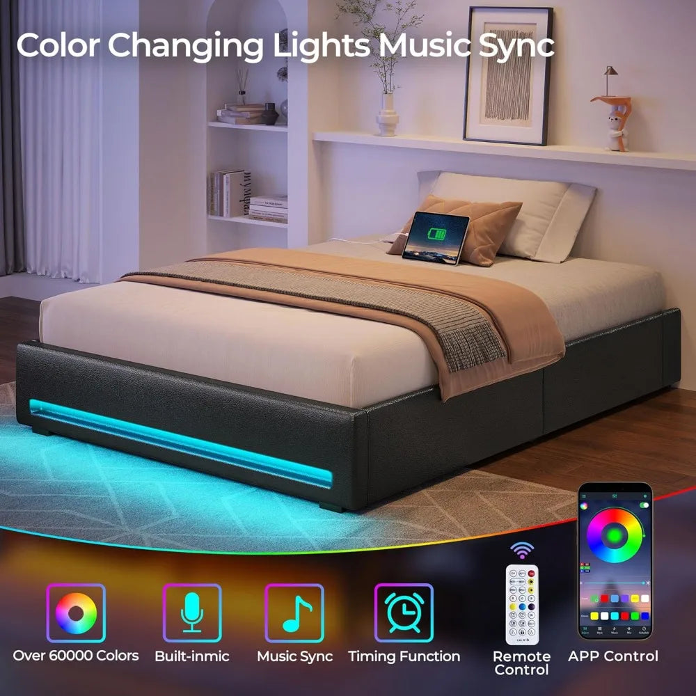 Upholstered Bed Frame with Storage, LED & Charging Station