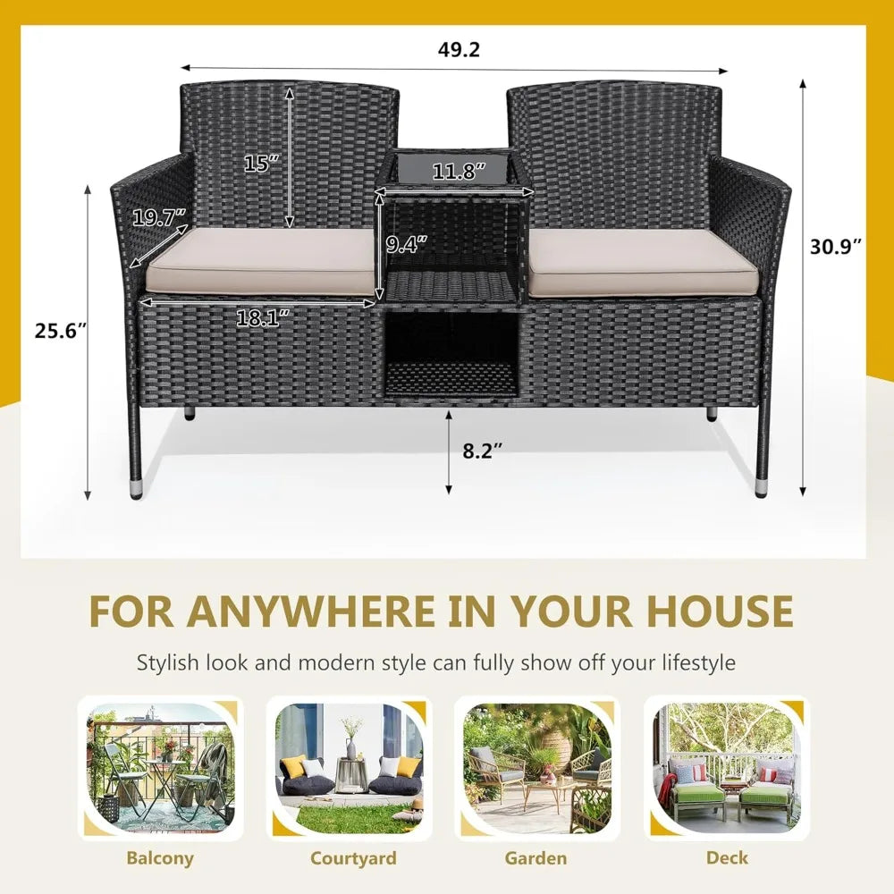 Wicker Patio Loveseat with Built-in Table