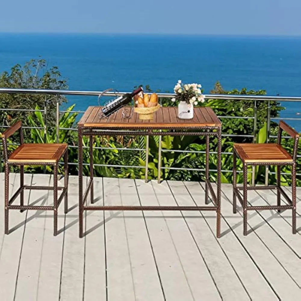 3-Piece Outdoor Rattan Bar Table Set with Chairs