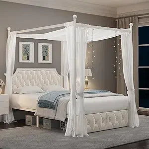 Keyluv Queen Canopy Bed with Drawers & Tufted Headboard