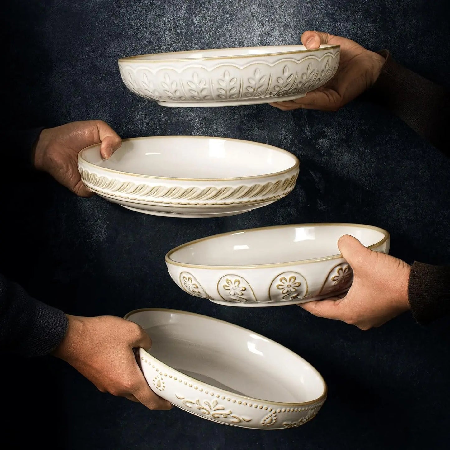 50oz Large White Ceramic Pasta & Salad Bowls – Set of 4
