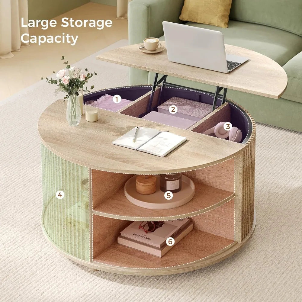 Modern Round Lift-Top Coffee Table with Sliding Door, 34.6"
