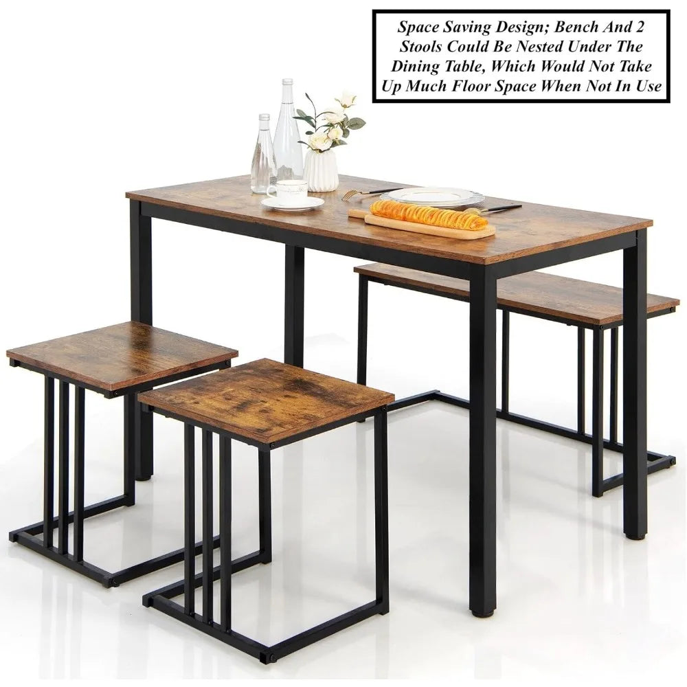 4PCS Kitchen Dining Table Set with Bench & Stools