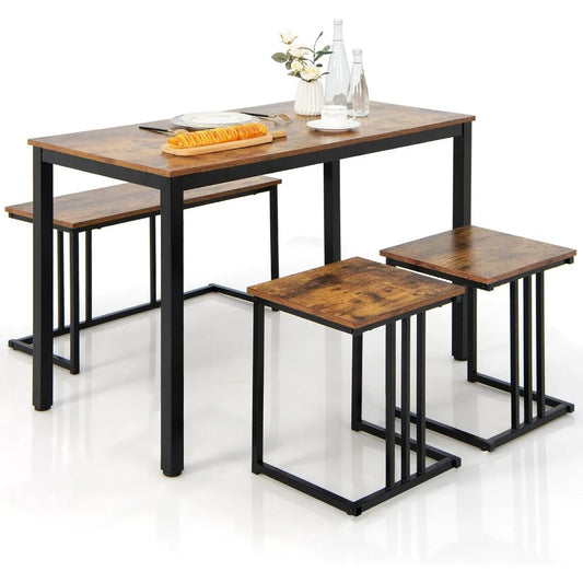 4PCS Kitchen Dining Table Set with Bench & Stools
