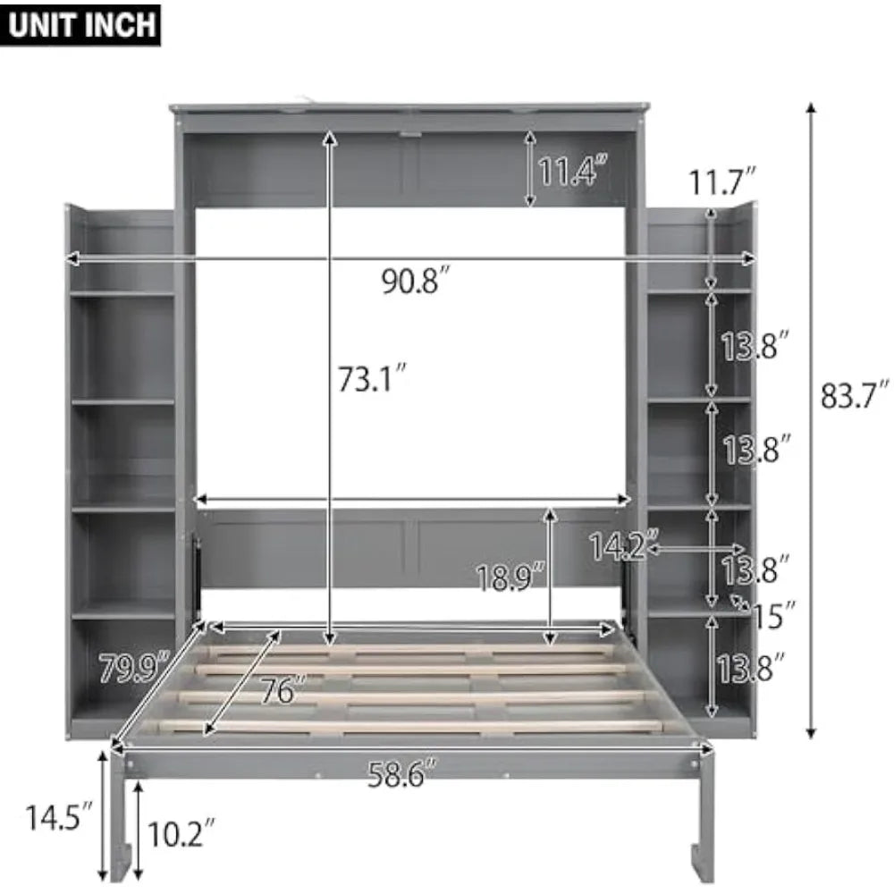 Merax Full Size Gray Murphy Wall Bed with Shelves & LED