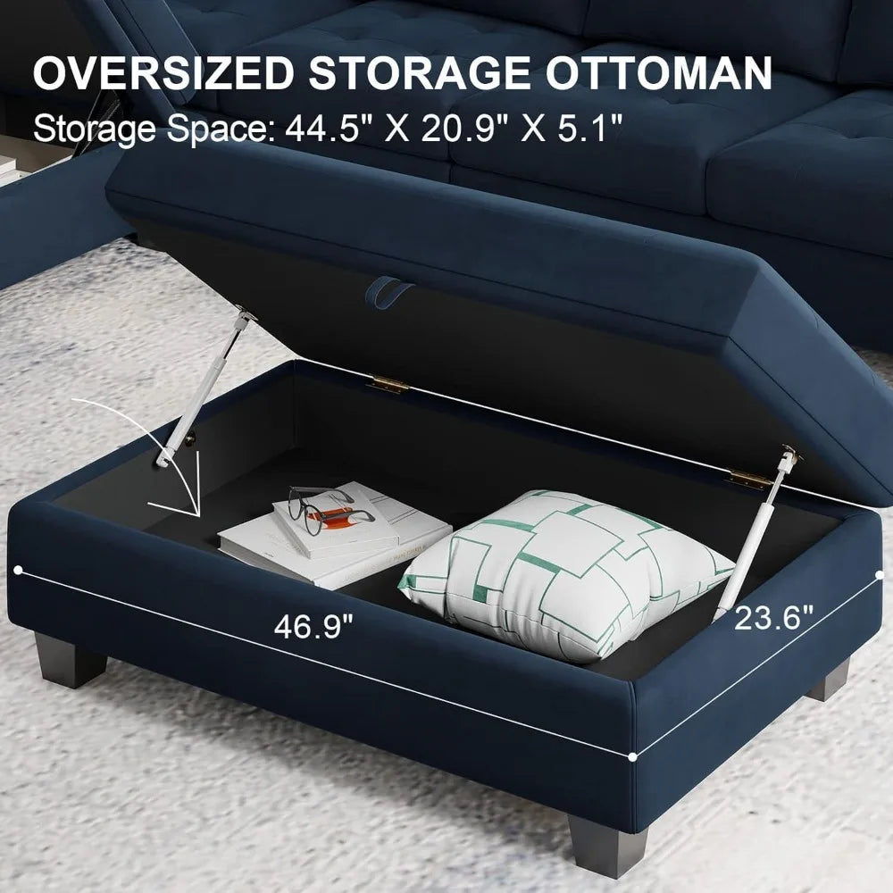 Velvet Convertible Sectional Sofa with Chaise & Ottoman – Blue