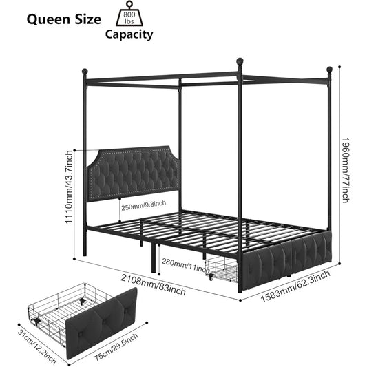 Keyluv Queen Canopy Bed with Drawers & Tufted Headboard