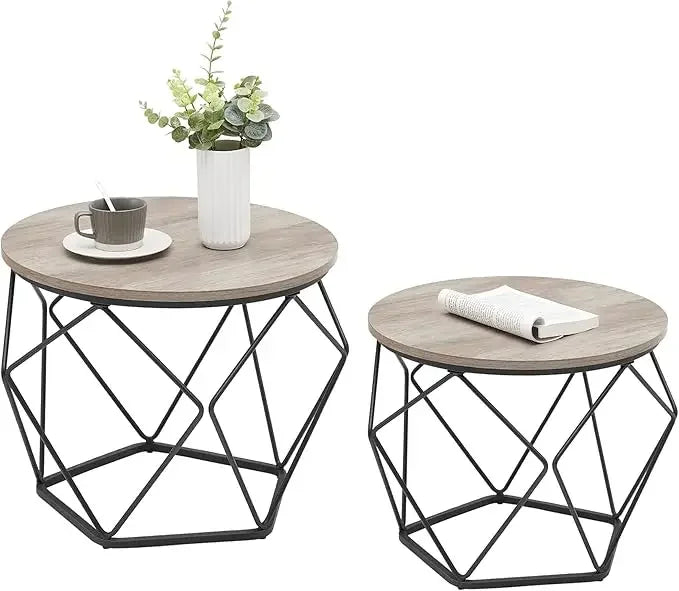 Set of 2 Round Coffee Tables – Greige & Ink Black