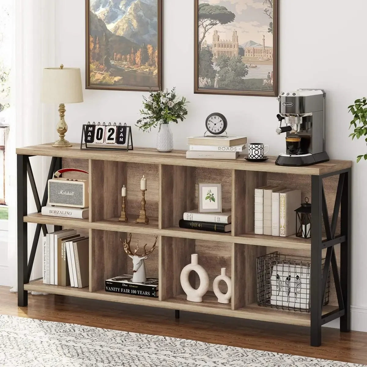 FATORRI 8-Cube Rustic Wood Bookshelf, 62"
