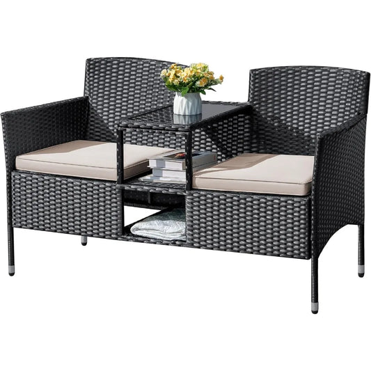 Wicker Patio Loveseat with Built-in Table