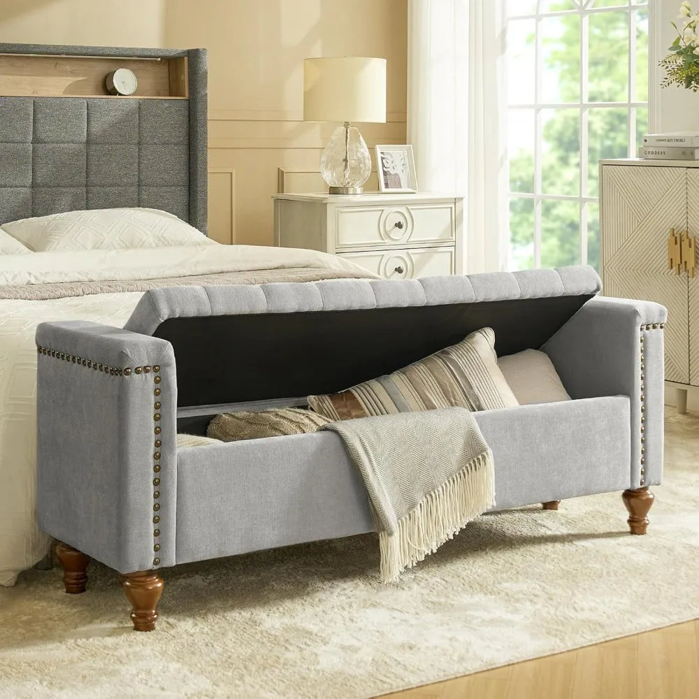 King Size Upholstered Storage Bench with Armrests