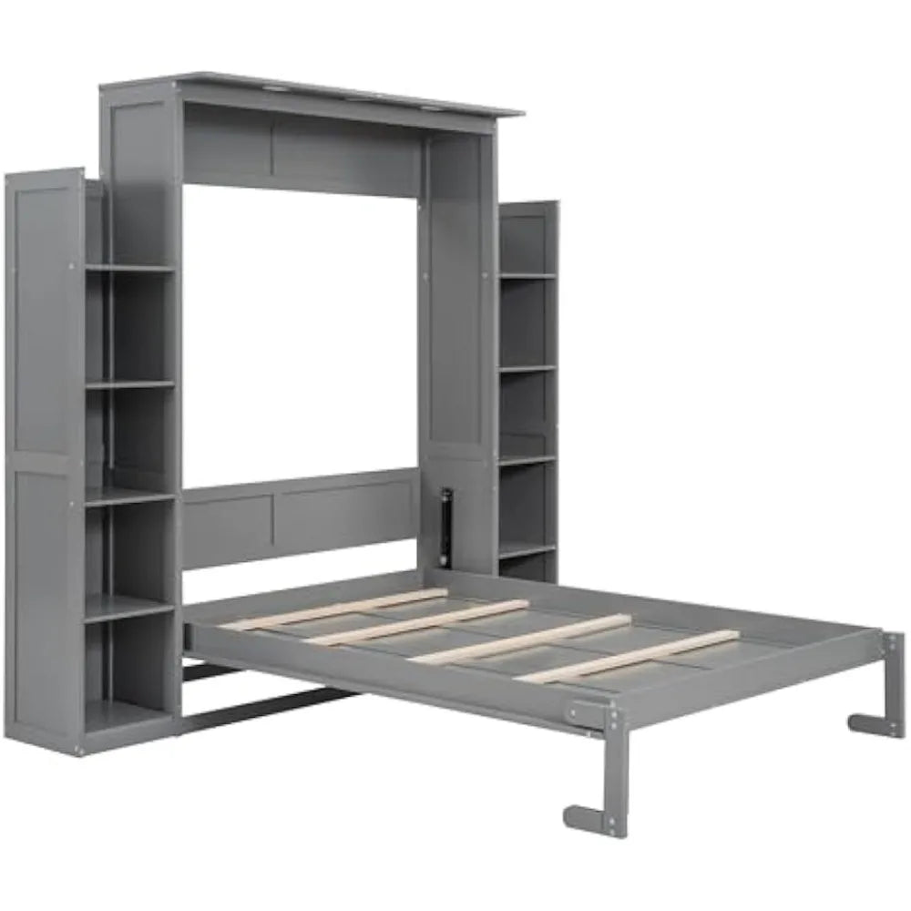 Merax Full Size Gray Murphy Wall Bed with Shelves & LED